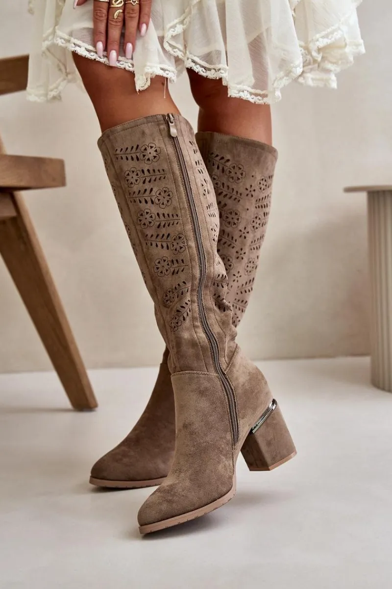 New Ażurowe Kozaki Damskie Na Słupku Z Eko Zamszu Vinceza 16443 Ciemnobeżowe Damskie Kozaki Ażurowe|Kozaki Przed Kolano