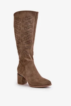 New Ażurowe Kozaki Damskie Na Słupku Z Eko Zamszu Vinceza 16443 Ciemnobeżowe Damskie Kozaki Ażurowe|Kozaki Przed Kolano