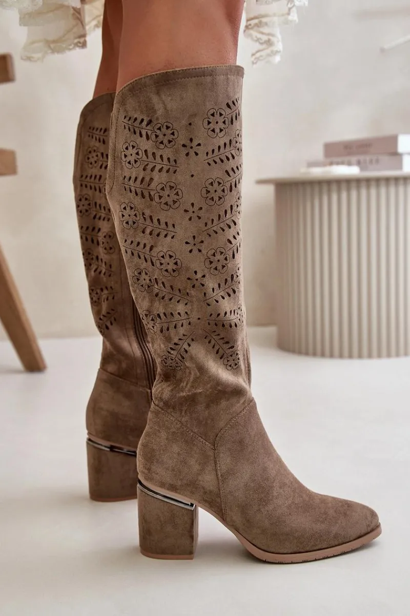 New Ażurowe Kozaki Damskie Na Słupku Z Eko Zamszu Vinceza 16443 Ciemnobeżowe Damskie Kozaki Ażurowe|Kozaki Przed Kolano