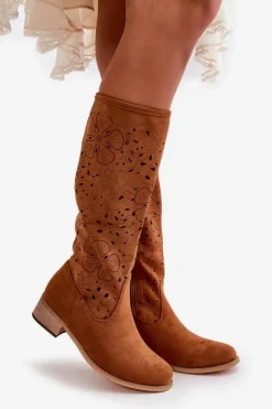 Kozaki Ocieplane|Kozaki Ażurowe>Boto Ażurowe Kozaki Damskie Na Niskim Obcasie Eko Zamszowe Zapinane Na Zamek Camel Orchides