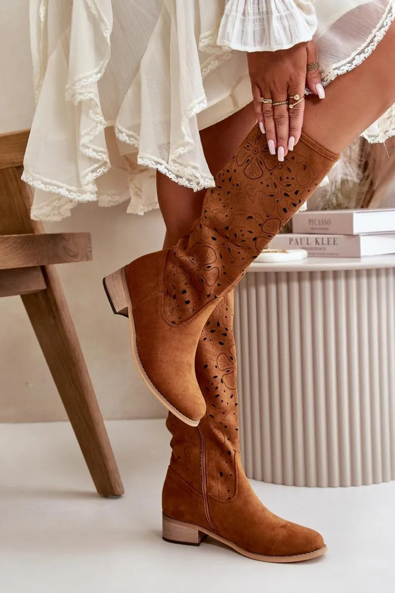 Kozaki Ocieplane|Kozaki Ażurowe>Boto Ażurowe Kozaki Damskie Na Niskim Obcasie Eko Zamszowe Zapinane Na Zamek Camel Orchides