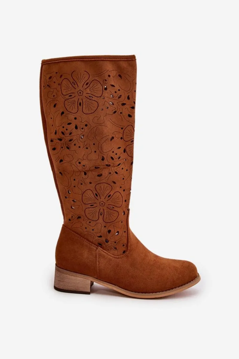 Kozaki Ocieplane|Kozaki Ażurowe>Boto Ażurowe Kozaki Damskie Na Niskim Obcasie Eko Zamszowe Zapinane Na Zamek Camel Orchides