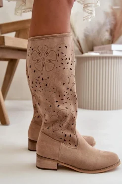 Best Boto Ażurowe Kozaki Damskie Na Niskim Obcasie Eko Zamszowe Zapinane Na Zamek Ciemnobeżowe Orchides