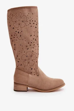 Best Boto Ażurowe Kozaki Damskie Na Niskim Obcasie Eko Zamszowe Zapinane Na Zamek Ciemnobeżowe Orchides