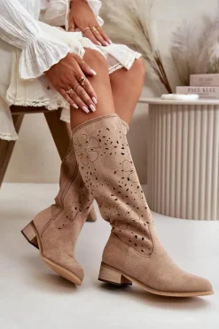 Best Boto Ażurowe Kozaki Damskie Na Niskim Obcasie Eko Zamszowe Zapinane Na Zamek Ciemnobeżowe Orchides