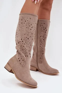 Kozaki Ocieplane|Kozaki Ażurowe>Boto Ażurowe Kozaki Damskie Na Niskim Obcasie Eko Zamszowe Zapinane Na Zamek Beżowe Orchides