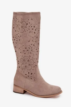 Kozaki Ocieplane|Kozaki Ażurowe></noscript>Boto Ażurowe Kozaki Damskie Na Niskim Obcasie Eko Zamszowe Zapinane Na Zamek Beżowe Orchides