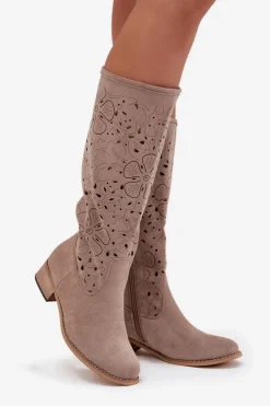Kozaki Ocieplane|Kozaki Ażurowe></noscript>Boto Ażurowe Kozaki Damskie Na Niskim Obcasie Eko Zamszowe Zapinane Na Zamek Beżowe Orchides