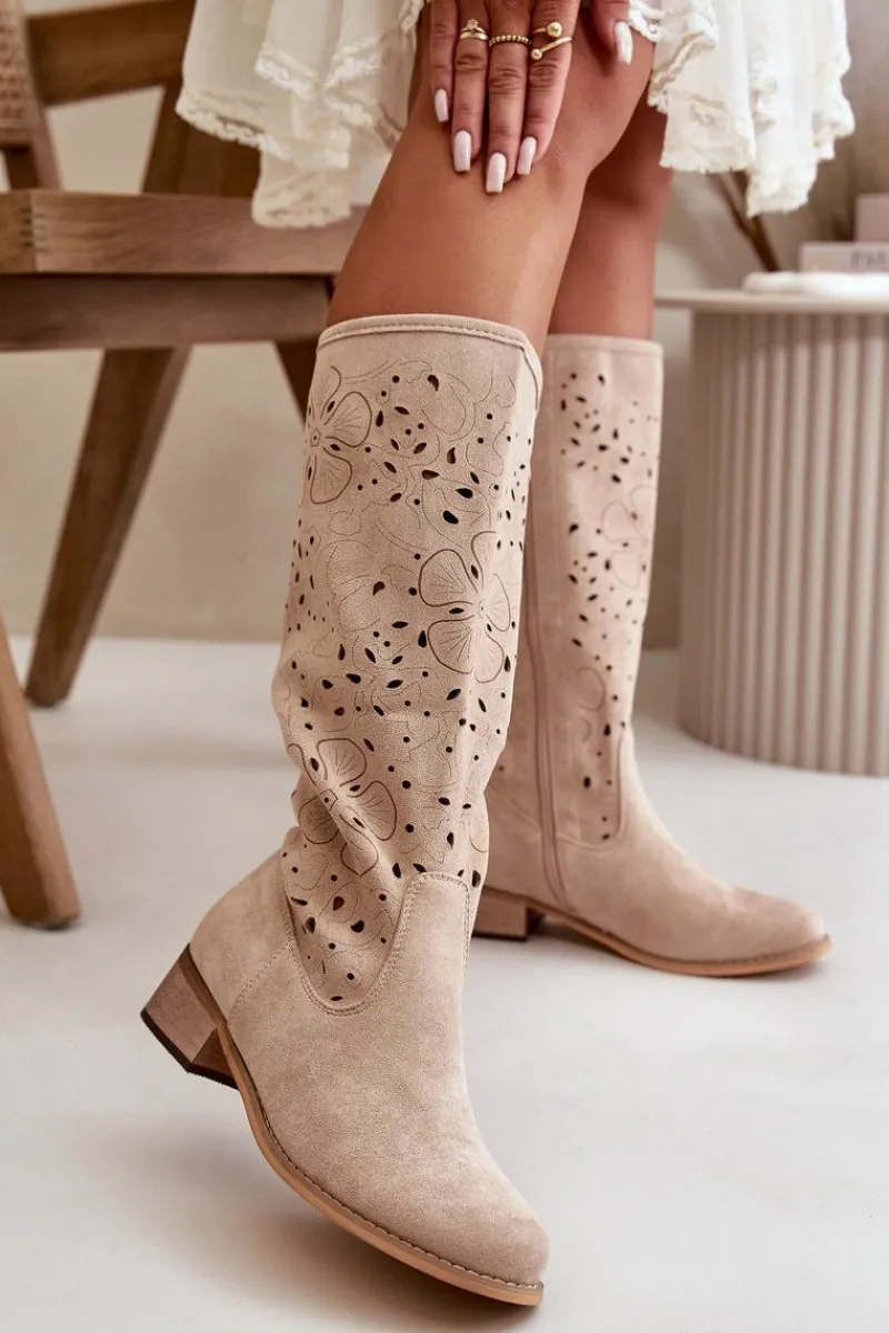 Kozaki Ażurowe|Kozaki Płaskie>Boto Ażurowe Kozaki Damskie Na Niskim Obcasie Eko Zamszowe Zapinane Na Zamek Jasnobeżowe Orchides