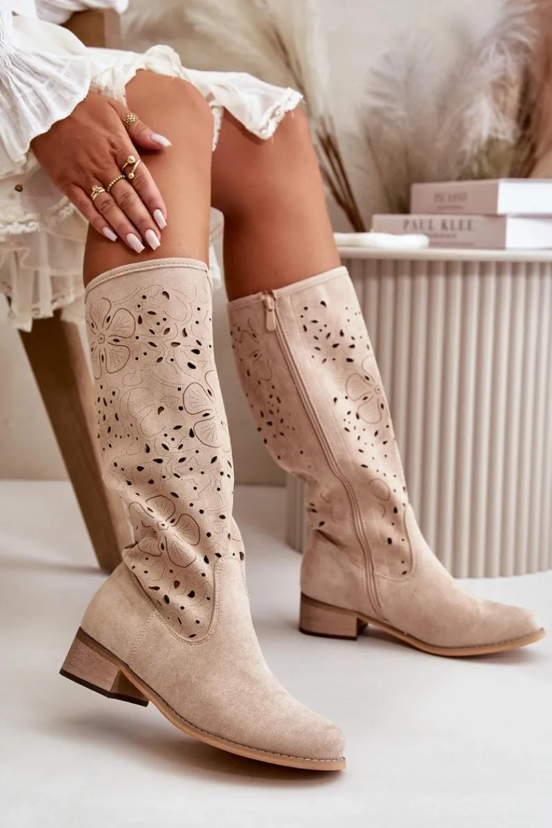 Kozaki Ażurowe|Kozaki Płaskie>Boto Ażurowe Kozaki Damskie Na Niskim Obcasie Eko Zamszowe Zapinane Na Zamek Jasnobeżowe Orchides
