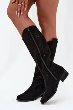 Ażurowe Kozaki Damskie Na Klocku Przed Kolano Czarne Fioris Damskie Kozaki Ocieplane|Kozaki Ażurowe