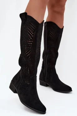 Ażurowe Kozaki Damskie Na Klocku Przed Kolano Czarne Fioris Damskie Kozaki Ocieplane|Kozaki Ażurowe