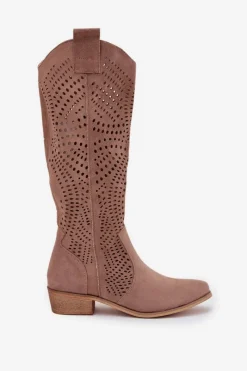 Clearance Boto Ażurowe Kozaki Damskie Na Klocku Przed Kolano Beżowe Fioris