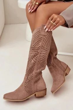 Clearance Boto Ażurowe Kozaki Damskie Na Klocku Przed Kolano Beżowe Fioris