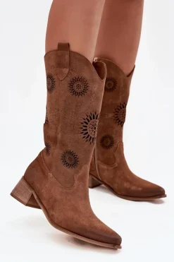 New Zazoo Ażurowe Kozaki Damskie Z Naturalnego Zamszu Na Klocku 3793 Brązowe