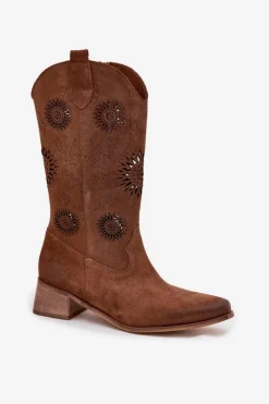 New Zazoo Ażurowe Kozaki Damskie Z Naturalnego Zamszu Na Klocku 3793 Brązowe