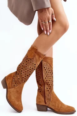 Discount Ażurowe Kozaki Damskie Zamszowe Na Niskim Obcasie Camel Ndulu Damskie Kozaki Wiosenne|Kozaki Ażurowe