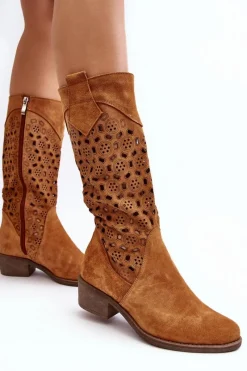 Discount Ażurowe Kozaki Damskie Zamszowe Na Niskim Obcasie Camel Ndulu Damskie Kozaki Wiosenne|Kozaki Ażurowe