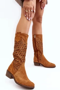 Discount Ażurowe Kozaki Damskie Zamszowe Na Niskim Obcasie Camel Ndulu Damskie Kozaki Wiosenne|Kozaki Ażurowe