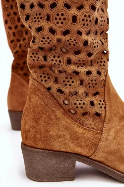 Discount Ażurowe Kozaki Damskie Zamszowe Na Niskim Obcasie Camel Ndulu Damskie Kozaki Wiosenne|Kozaki Ażurowe