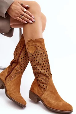 Discount Ażurowe Kozaki Damskie Zamszowe Na Niskim Obcasie Camel Ndulu Damskie Kozaki Wiosenne|Kozaki Ażurowe