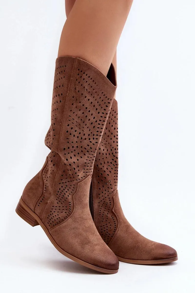 Kozaki Wiosenne|Kozaki Płaskie>Buty damskie Vinceza Ażurowe Kozaki Do Połowy Łydki Brązowe Kleorelia