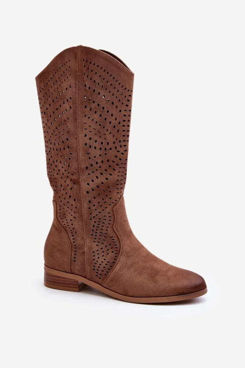 Kozaki Wiosenne|Kozaki Płaskie>Buty damskie Vinceza Ażurowe Kozaki Do Połowy Łydki Brązowe Kleorelia