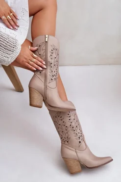 Hot Ażurowe Kozaki Do Połowy Łydki Na Słupku Skórzane Lewski 3609 Beżowe Damskie Kozaki Ażurowe|Kozaki Na Obcasie