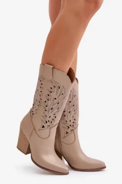 Hot Ażurowe Kozaki Do Połowy Łydki Na Słupku Skórzane Lewski 3609 Beżowe Damskie Kozaki Ażurowe|Kozaki Na Obcasie