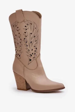 Hot Ażurowe Kozaki Do Połowy Łydki Na Słupku Skórzane Lewski 3609 Beżowe Damskie Kozaki Ażurowe|Kozaki Na Obcasie