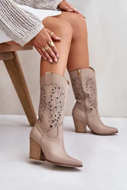 Hot Ażurowe Kozaki Do Połowy Łydki Na Słupku Skórzane Lewski 3609 Beżowe Damskie Kozaki Ażurowe|Kozaki Na Obcasie