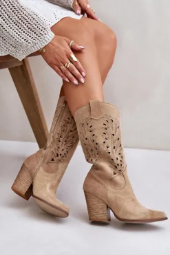 Boto Ażurowe Kozaki Do Połowy Łydki Na Słupku Zamszowe Lewski 3609 Beżowe