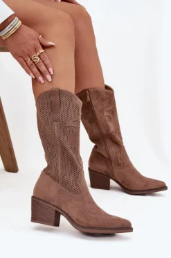 New Boto Ażurowe Kozaki Kowbojki Damskie Na Obcasie Ciemnobeżowe Olivette