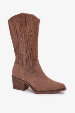 New Boto Ażurowe Kozaki Kowbojki Damskie Na Obcasie Ciemnobeżowe Olivette