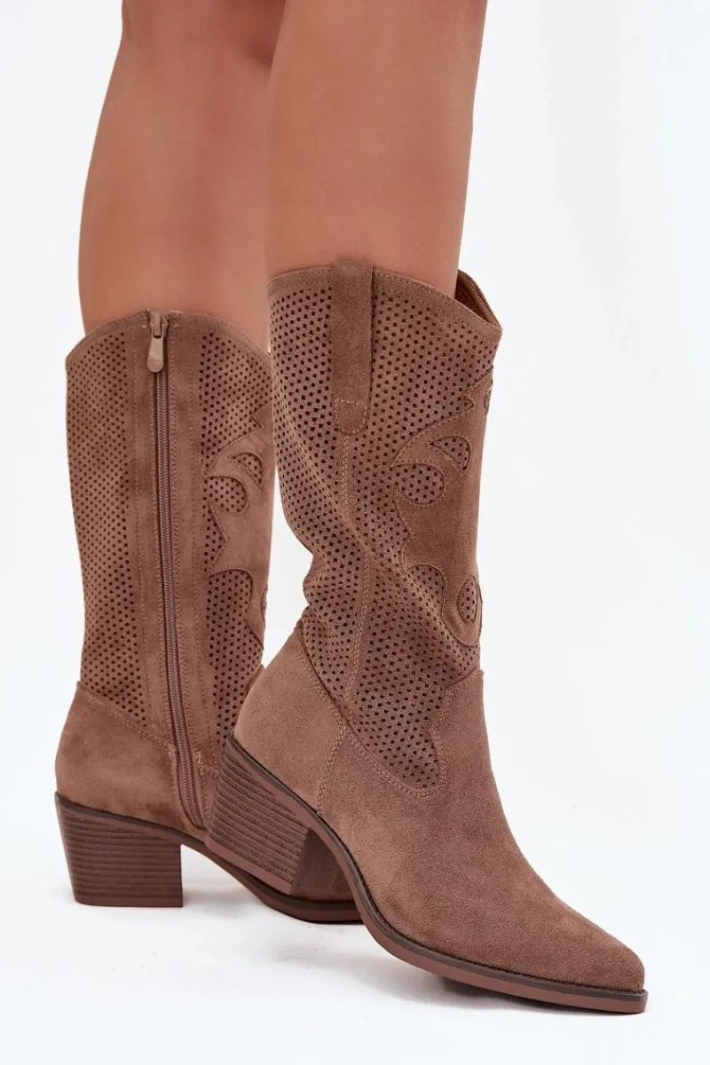 New Boto Ażurowe Kozaki Kowbojki Damskie Na Obcasie Ciemnobeżowe Olivette