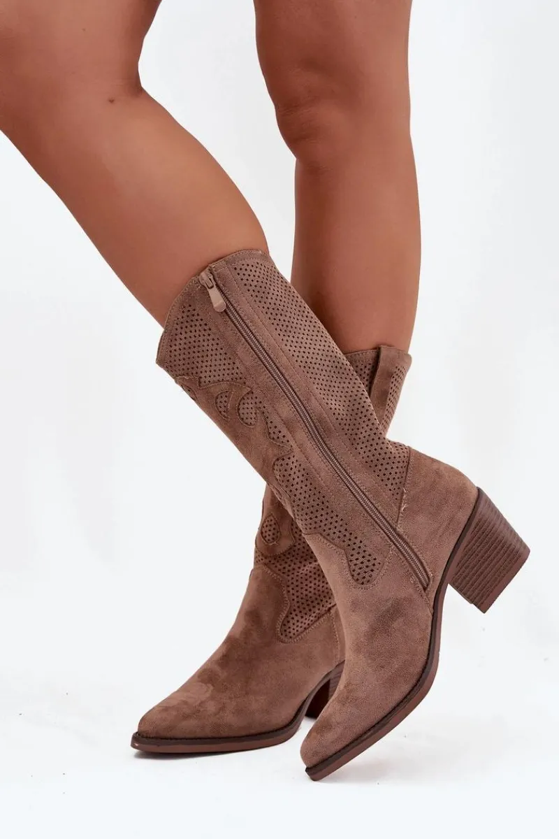 New Boto Ażurowe Kozaki Kowbojki Damskie Na Obcasie Ciemnobeżowe Olivette