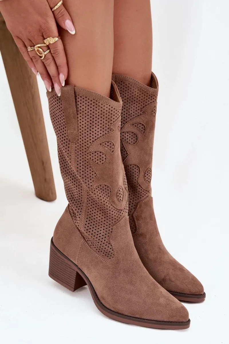 New Boto Ażurowe Kozaki Kowbojki Damskie Na Obcasie Ciemnobeżowe Olivette