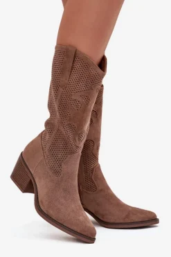 New Boto Ażurowe Kozaki Kowbojki Damskie Na Obcasie Ciemnobeżowe Olivette