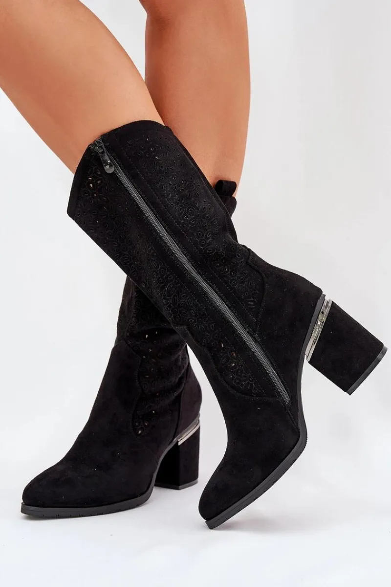 Discount Damskie buty S.Barski Ażurowe Kozaki Kowbojki Do Połowy Łydki S.Barski HY51-238 Czarne Czarny