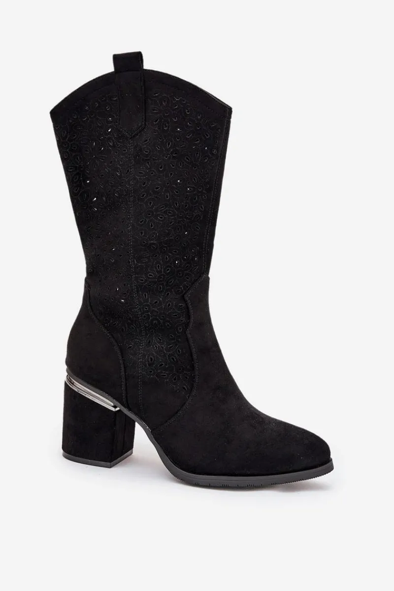 Discount Damskie buty S.Barski Ażurowe Kozaki Kowbojki Do Połowy Łydki S.Barski HY51-238 Czarne Czarny