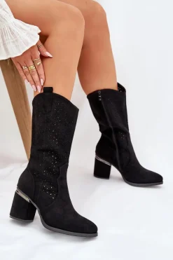 Discount Damskie buty S.Barski Ażurowe Kozaki Kowbojki Do Połowy Łydki S.Barski HY51-238 Czarne Czarny