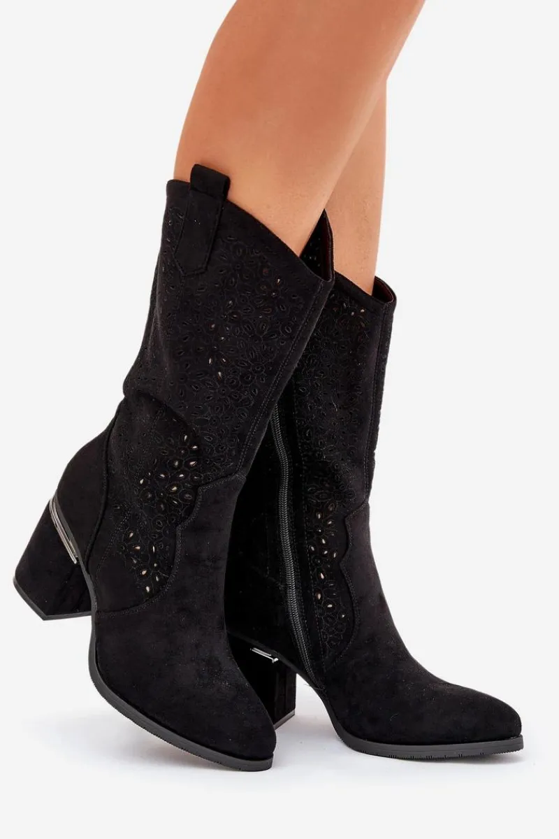 Discount Damskie buty S.Barski Ażurowe Kozaki Kowbojki Do Połowy Łydki S.Barski HY51-238 Czarne Czarny