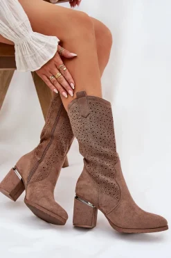 Sale Ażurowe Kozaki Kowbojki Do Połowy Łydki S.Barski HY51-238 Brązowe Damskie Kozaki Na Słupku|Kozaki Ażurowe