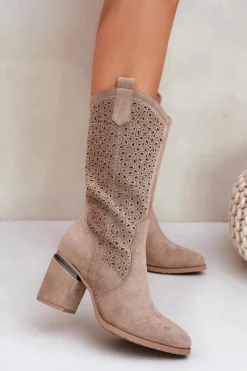 Kozaki Na Słupku|Kozaki Ażurowe>Damskie buty S.Barski Ażurowe Kozaki Kowbojki Do Połowy Łydki S.Barski HY51-238 Beżowe Beżowy