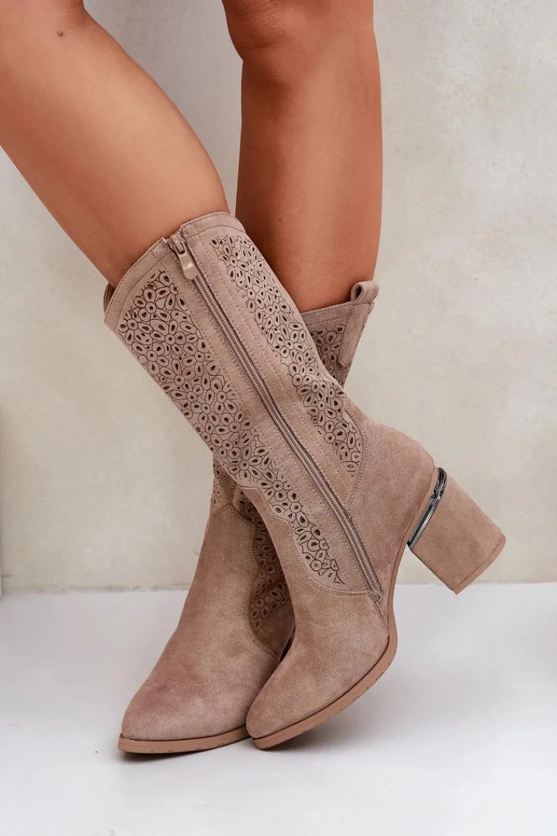 Kozaki Na Słupku|Kozaki Ażurowe>Damskie buty S.Barski Ażurowe Kozaki Kowbojki Do Połowy Łydki S.Barski HY51-238 Beżowe Beżowy