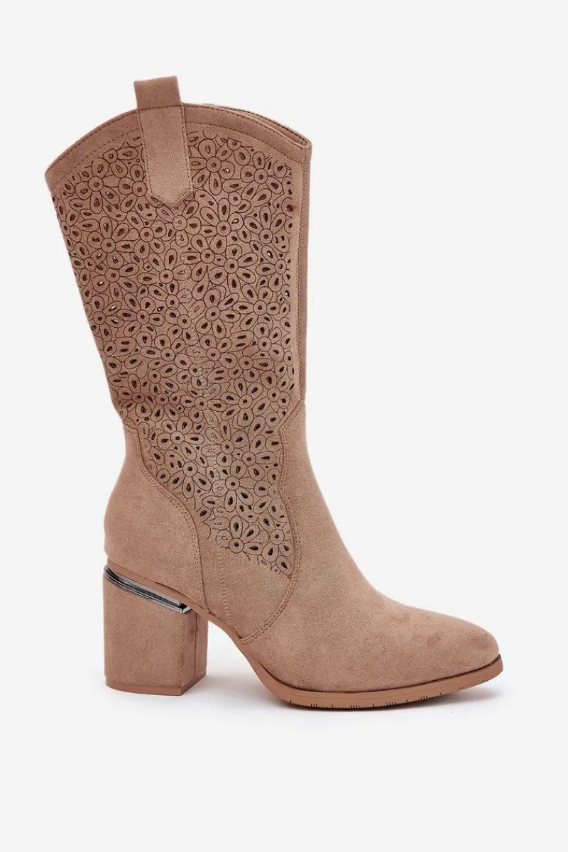Kozaki Na Słupku|Kozaki Ażurowe>Damskie buty S.Barski Ażurowe Kozaki Kowbojki Do Połowy Łydki S.Barski HY51-238 Beżowe Beżowy