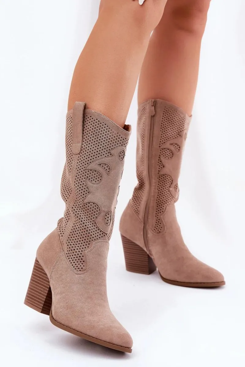 Kozaki Na Słupku|Kozaki Ażurowe>Damskie buty S.Barski Ażurowe Kozaki Kowbojki Na Słupku S.Barski HY51-606 Beżowe Beżowy