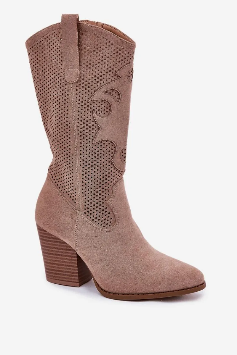 Kozaki Na Słupku|Kozaki Ażurowe>Damskie buty S.Barski Ażurowe Kozaki Kowbojki Na Słupku S.Barski HY51-606 Beżowe Beżowy