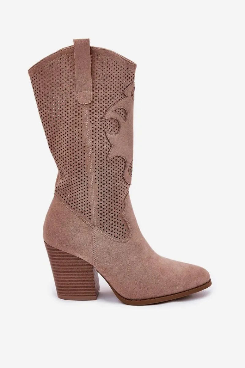 Kozaki Na Słupku|Kozaki Ażurowe>Damskie buty S.Barski Ażurowe Kozaki Kowbojki Na Słupku S.Barski HY51-606 Beżowe Beżowy
