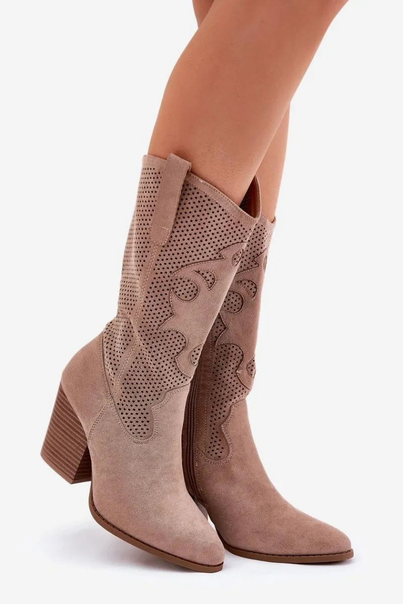 Kozaki Na Słupku|Kozaki Ażurowe>Damskie buty S.Barski Ażurowe Kozaki Kowbojki Na Słupku S.Barski HY51-606 Beżowe Beżowy